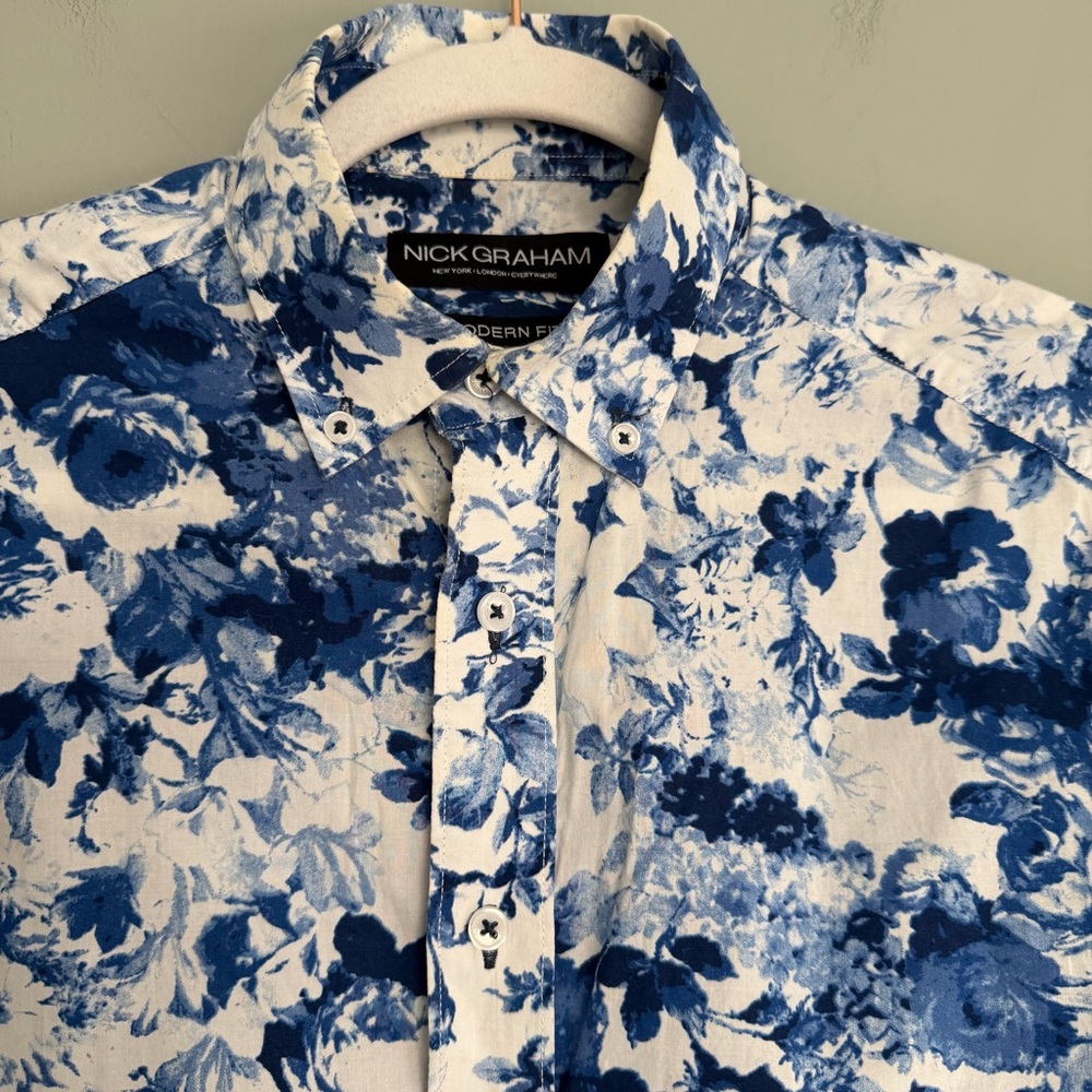 Nick Graham 100% Cotton Modern Fit Blue White Floral Men's Button Down Shirt - Picture 7 of 14